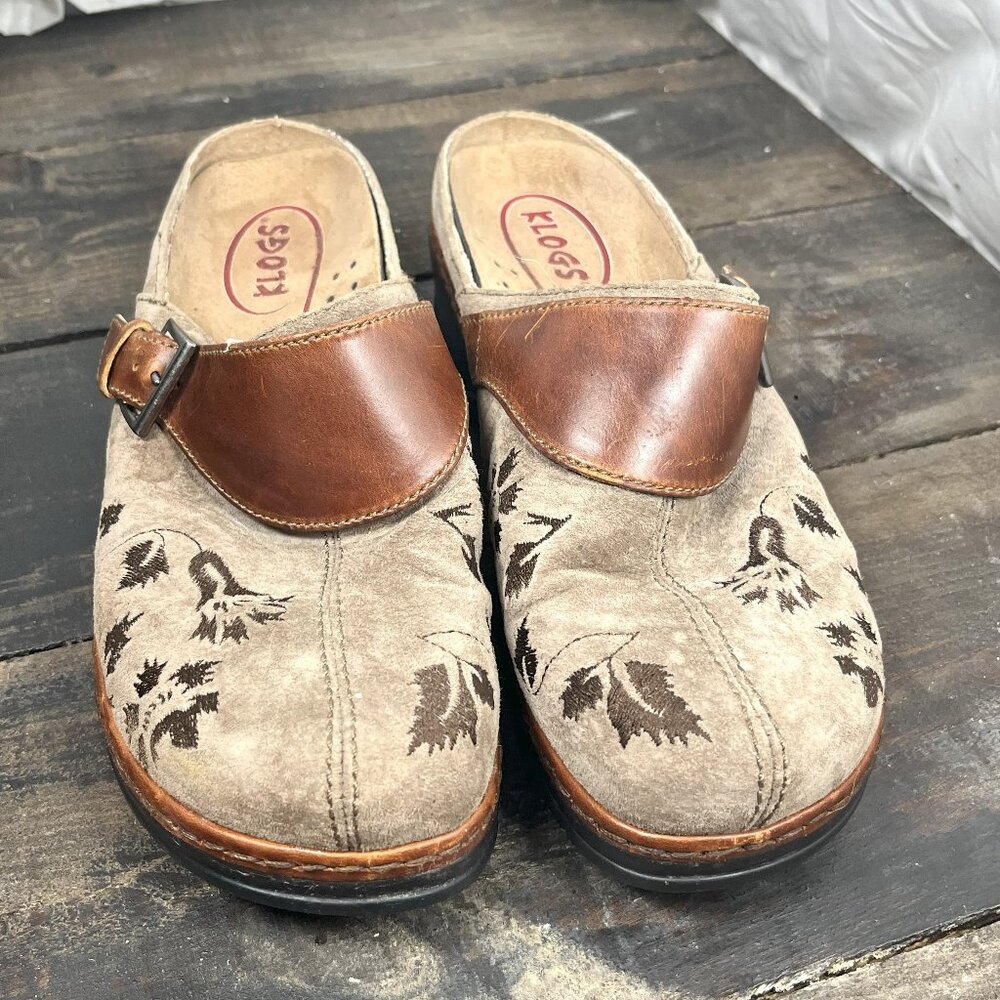 KLOGS Shoes 11M AUSTIN TAPESTRY Clogs Taupe Floral Suede Closed Toe Buckle